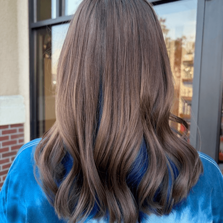 Ash brown lob with a blue peekaboo underneath, colored by Ciara