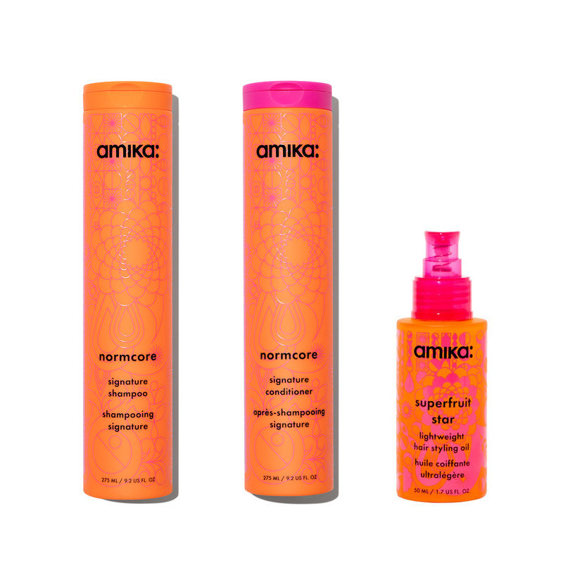 amika superfruit strands bundle — 275 ml normcore shampoo and conditioner with the 50 ml superfruit star oil