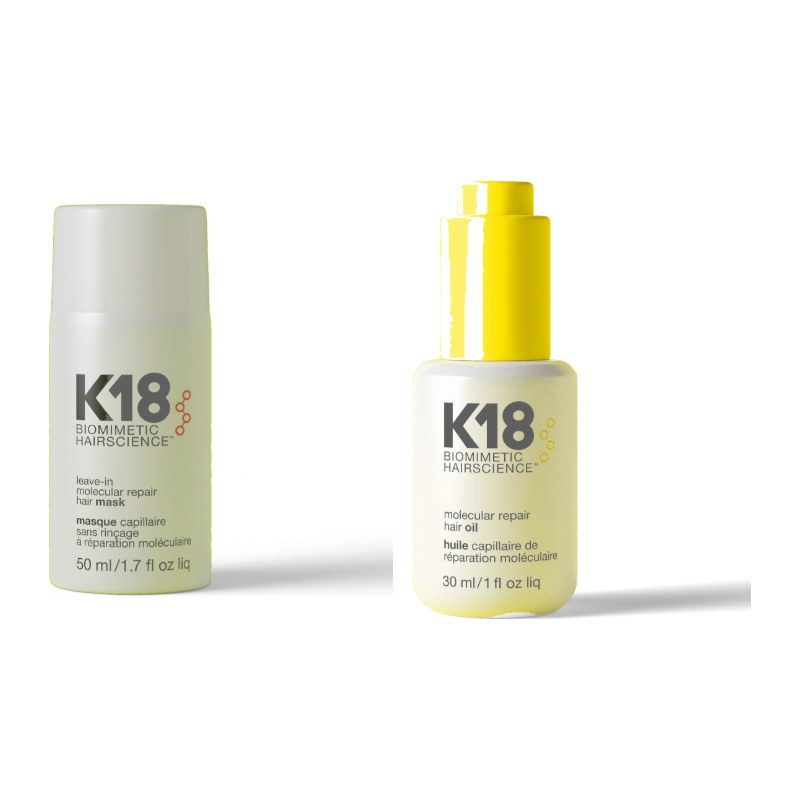 K18 Repair Bundle — the leave-in molecular repair hair mask and the molecular repair hair oil together